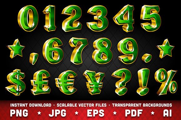 Set of Vector Shiny Gold Numbers and Currency Symbols